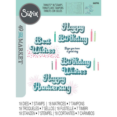 Sizzix Thinlits Die & A5 Stamp Set By 49 & Market 25/Pkg - Birthday Wishes