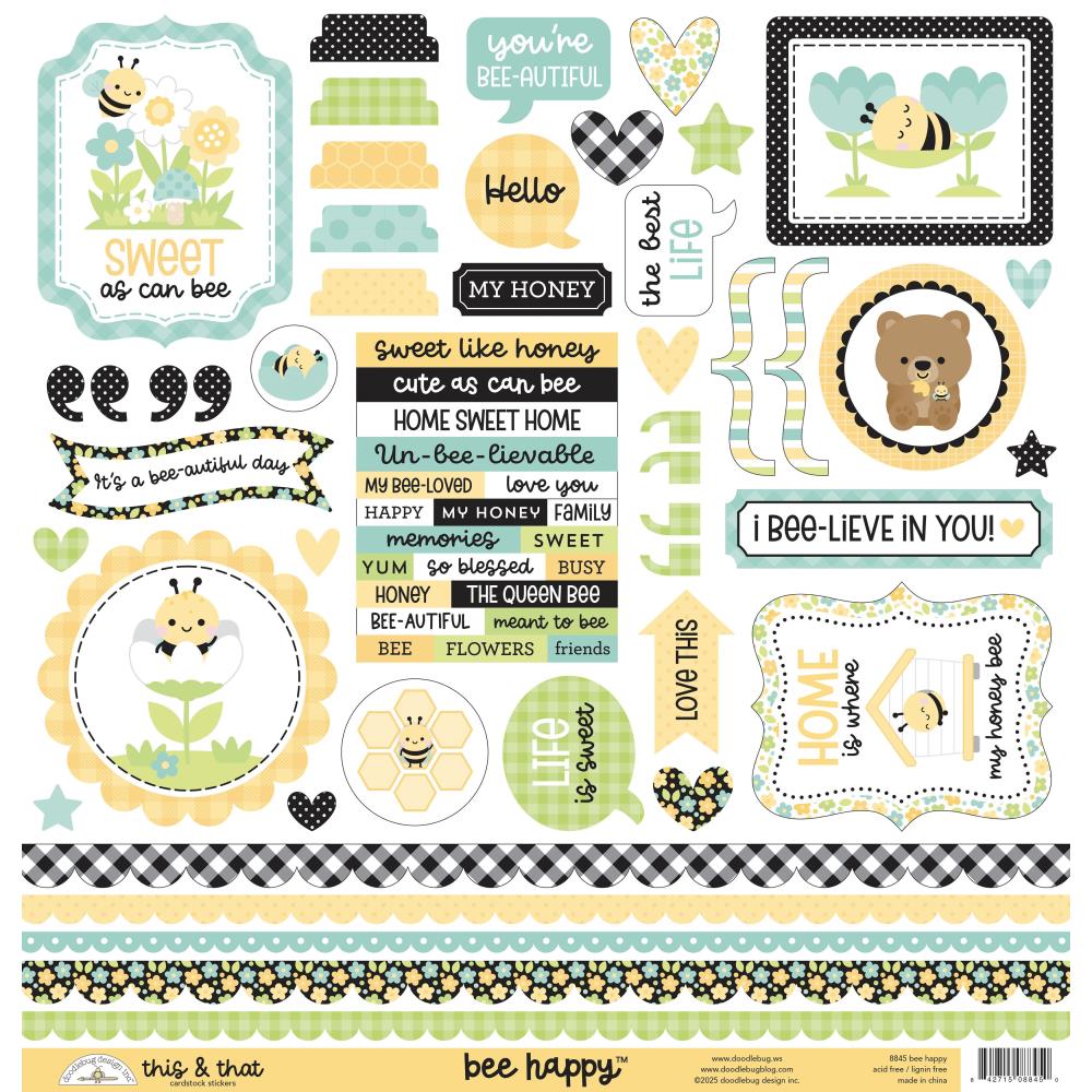 Doodlebug - Bee Happy This & That Cardstock Sticker Sheet 12x12