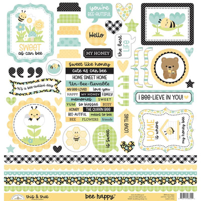 Doodlebug - Bee Happy This & That Cardstock Sticker Sheet 12x12