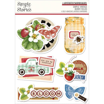 Simple Stories - Simple Vintage Berry Fields Layered Chipboard Stickers 6/Pkg