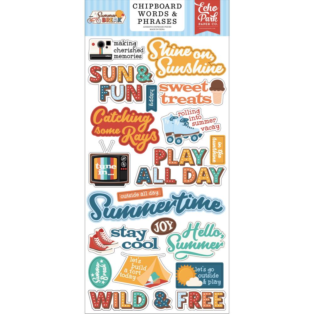 Echo Park - Summer Break Chipboard Words & Phrases Stickers 6x13"